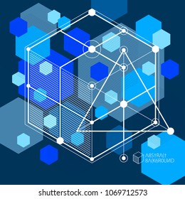 Isometric abstract dark blue background with linear dimensional cube shapes, vector 3d mesh elements. Layout of cubes, hexagons, squares, rectangles and different abstract elements. 