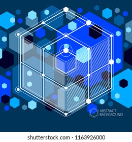 Isometric abstract dark blue background with linear dimensional cube shapes, vector 3d mesh elements. Layout of cubes, hexagons, squares, rectangles and different abstract elements. 