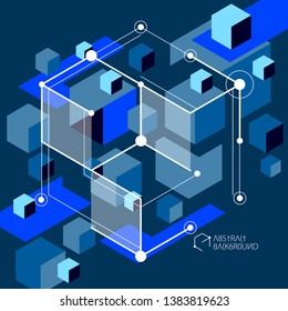 Isometric abstract dark blue background with linear dimensional cube shapes, vector 3d mesh elements. Layout of cubes, hexagons, squares, rectangles and different abstract elements. 