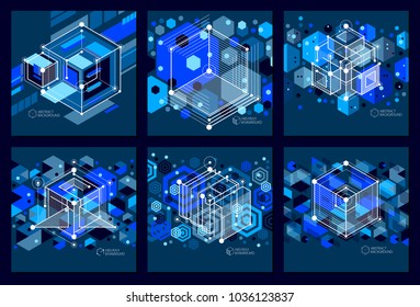 Isometric abstract dark blue backgrounds set with linear dimensional cube shapes, vector 3d mesh elements. Layout of cubes, hexagons, squares, rectangles and different abstract elements. 