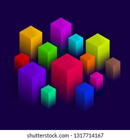 Isometric abstract design, Geometric blocks on dark violet background, vector illustration