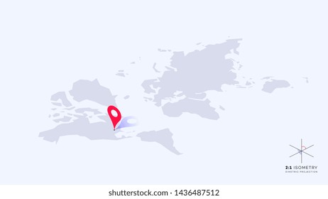 Isometric Abstract Geometric World Map With Pointers And Blueprint Coordinates Grid. Vector Brochure Template.