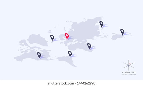 Isometric Abstract Geometric World Map With Pointers And Blueprint Coordinates Grid. Vector Brochure Template.