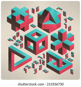 Isometric abstract geometry design elements with numbers font on light background