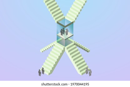 Isometric abstract illustration. Direction way concept. Group of people take the elevator up.