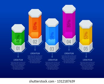 Isometric abstract infographic template with a five steps for success. Infographic design template for process diagram, presentations, workflow layout. Vector illustration