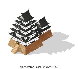 Isometric abstract Japanese castle, Japan fort or fortification, vector temple pagoda. Japanese citadel fortress or Medieval palace with towers, samurai defence house with wall and gate bridge