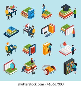 Isometric abstract library icons set of classic audio and electronic books with reading people isolated vector illustration