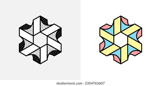 Isometric abstract logo. Optical illusion sign. Retro 3D icons set with black and white polka dots and colored options. Vector impossible shape for halftone label, crypto company, vintage posters.