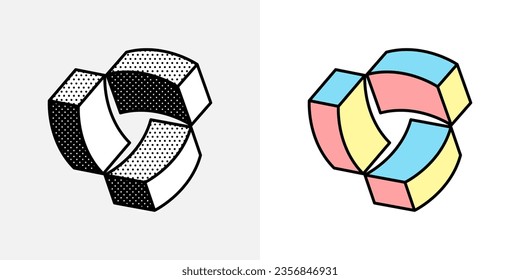 Isometric abstract logo. Optical illusion sign. Retro 3D icons set with black and white polka dots and colored options. Vector impossible shape for halftone label, crypto company, vintage posters.