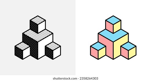 Isometric abstract logo. Optical illusion sign. Retro 3D icons set with black and white polka dots and colored options. Vector impossible shape for halftone label, crypto company, vintage posters.