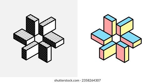 Isometric abstract logo. Optical illusion sign. Retro 3D icons set with black and white polka dots and colored options. Vector impossible shape for halftone label, crypto company, vintage posters.