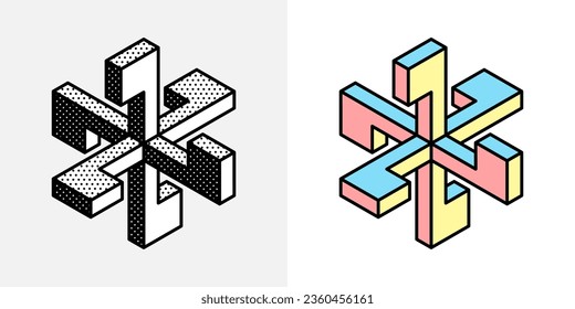 Isometric abstract logo. Optical illusion sign. Retro 3D icons set with black and white polka dots and colored options. Vector impossible shape for halftone label, crypto company, vintage posters.