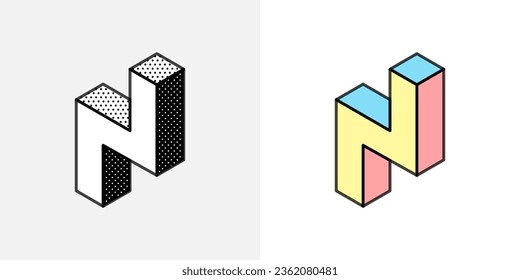 Isometric abstract logo. Optical illusion sign. Retro 3D icons set with black and white polka dots and colored options. Vector impossible shape for halftone label, crypto company, vintage posters.