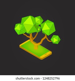 Isometric Abstract Low Poly Tree on a smartphone vector illustration