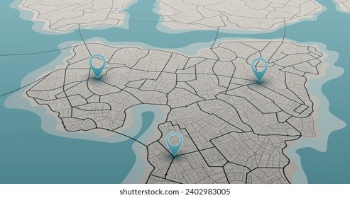 Isometric abstract map background. Colorful abstract lines, POI, transportation, roads. Digital art. Editable vector illustration for web design, presentations, advertising projects.
