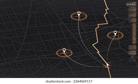 Fondo de mapa abstracto isométrico, punto. Calles de la ciudad, datos de distancia de ruta, giros de ruta, etiqueta de destino o marca. Pistas de ubicación. Para diseño web, presentaciones, proyectos publicitarios Ilustración vectorial