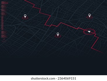 Isometric abstract map background, poi. City streets, route distance data, path turns, destination tag or mark. Location tracks. For web design, presentations, advertising projects Vector illustration