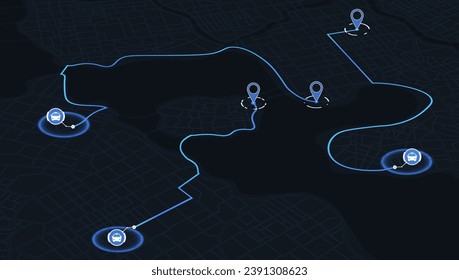 Isometric abstract map background, poi. City streets, route distance data, path turns, destination tag or mark. Location tracks. For web design, presentations, advertising projects Vector illustration