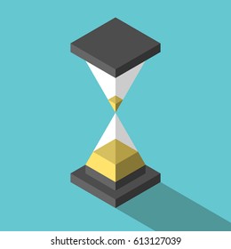 Isometric abstract simple hourglass with yellow sand on turquoise blue background with drop shadow. Time, countdown and waiting concept. Flat design. No transparency, no gradients