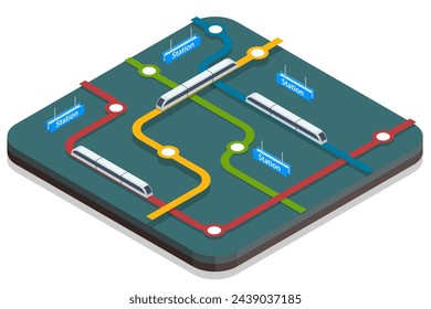 Isometric abstract subway diagram, metro or subway map. Underground way. Subway train collection. Vehicles designed to carry large numbers of passengers.