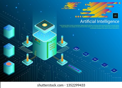 Isometric abstract technology artificial intelligence concept, high tech AI chip IC. CPU processors computer circuit board on dark blue background.