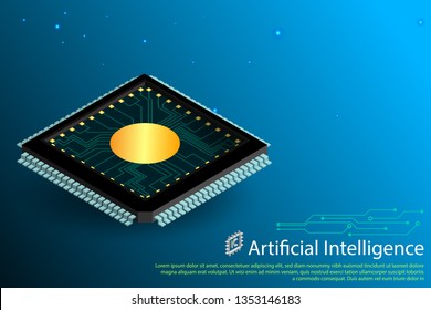Isometric abstract technology artificial intelligence concept, high tech AI chip IC.  Integrated revealed chip inside circuit processors computer board on dark blue background.
