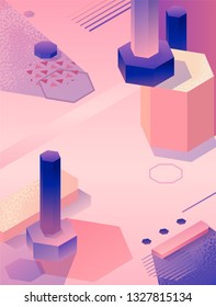 Isometric abstract violet poster in trendy purple color with geometric 3d shapes. Brochure template, futuristic background. colorful bright vector illustration, cover, print, flyer.