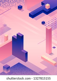 Isometric abstract violet poster in trendy purple color with geometric 3d shapes. Brochure template, futuristic background. colorful bright vector illustration, cover, print, flyer.