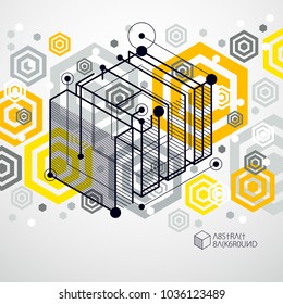 Isometric abstract yellow background with linear dimensional cube shapes, vector 3d mesh elements. Layout of cubes, hexagons, squares, rectangles and different abstract elements. 