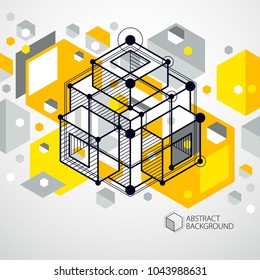 Isometric abstract yellow background with linear dimensional cube shapes, vector 3d mesh elements. Layout of cubes, hexagons, squares, rectangles and different abstract elements. 