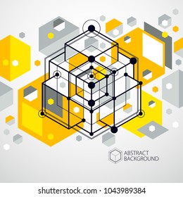 Fondo amarillo abstracto isométrico con formas de cubo dimensional lineal, elementos de malla vectorial 3d. Disposición de cubos, hexagones, cuadrados, rectángulos y diferentes elementos abstractos. 