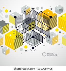 Isometric abstract yellow background with linear dimensional cube shapes, vector 3d mesh elements. Layout of cubes, hexagons, squares, rectangles and different abstract elements. 
