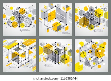 Isometric abstract yellow backgrounds set with linear dimensional cube shapes, vector 3d mesh elements. Layout of cubes, hexagons, squares, rectangles and different abstract elements. 