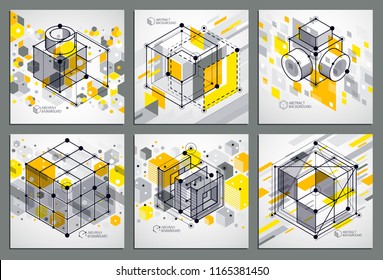 Isometric abstract yellow backgrounds set with linear dimensional cube shapes, vector 3d mesh elements. Layout of cubes, hexagons, squares, rectangles and different abstract elements. 