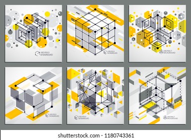 Isometric abstract yellow backgrounds set with linear dimensional cube shapes, vector 3d mesh elements. Layout of cubes, hexagons, squares, rectangles and different abstract elements. 