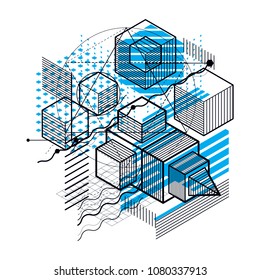 Isometric abstraction with lines and different elements, vector abstract background. Composition of cubes, hexagons, squares, rectangles and different abstract elements.