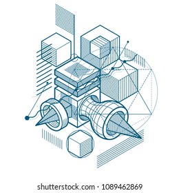 Isometric abstraction with lines and different elements, vector abstract background. Composition of cubes, hexagons, squares, rectangles and different abstract elements.