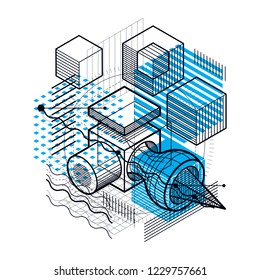 Isometric abstraction with lines and different elements, vector abstract background. Composition of cubes, hexagons, squares, rectangles and different abstract elements.