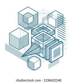 Isometric abstraction with lines and different elements, vector abstract background. Composition of cubes, hexagons, squares, rectangles and different abstract elements.