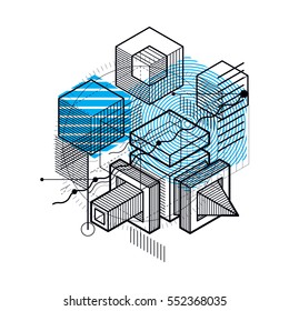 Isometric abstraction with lines and different elements, vector abstract background. Composition of cubes, hexagons, squares, rectangles and different abstract elements.