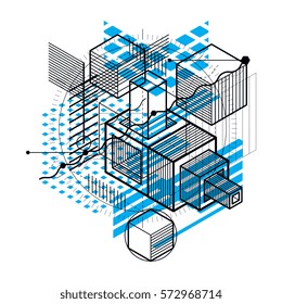 Isometric abstraction with lines and different elements, vector abstract background. Composition of cubes, hexagons, squares, rectangles and different abstract elements.