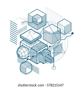Isometric abstraction with lines and different elements, vector abstract background. Composition of cubes, hexagons, squares, rectangles and different abstract elements.