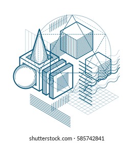Isometric abstraction with lines and different elements, vector abstract background. Composition of cubes, hexagons, squares, rectangles and different abstract elements.