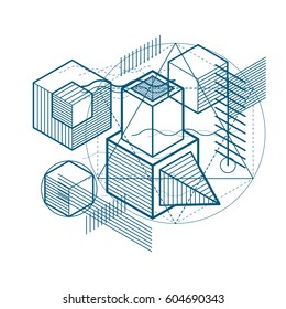 Isometric abstraction with lines and different elements, vector abstract background. Composition of cubes, hexagons, squares, rectangles and different abstract elements.