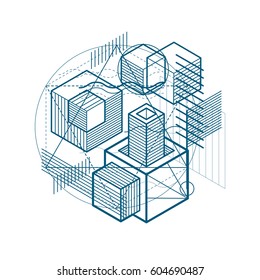 Isometric abstraction with lines and different elements, vector abstract background. Composition of cubes, hexagons, squares, rectangles and different abstract elements.
