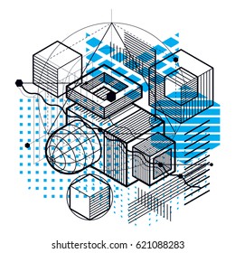 Isometric abstraction with lines and different elements, vector abstract background. Composition of cubes, hexagons, squares, rectangles and different abstract elements.