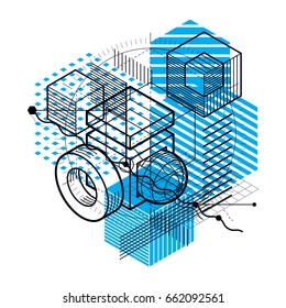 Isometric abstraction with lines and different elements, vector abstract background. Composition of cubes, hexagons, squares, rectangles and different abstract elements.