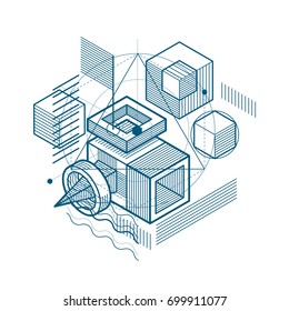 Isometric abstraction with lines and different elements, vector abstract background. Composition of cubes, hexagons, squares, rectangles and different abstract elements.