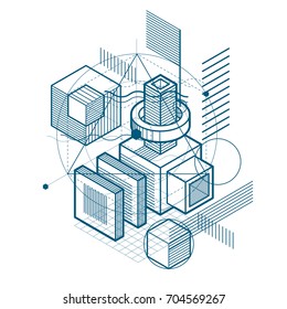 Isometric abstraction with lines and different elements, vector abstract background. Composition of cubes, hexagons, squares, rectangles and different abstract elements.